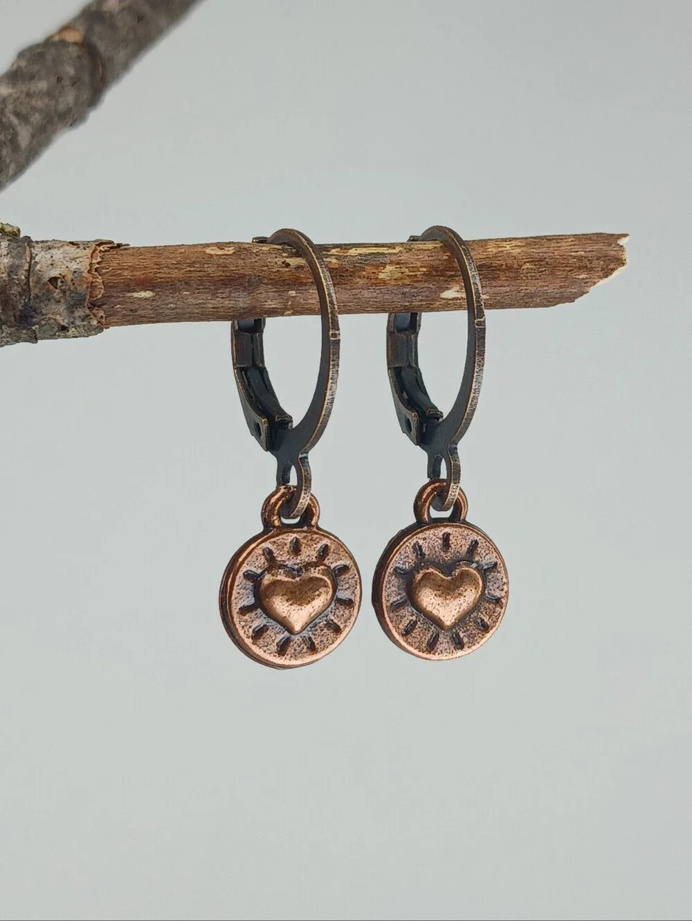 Antique Copper Heart Earrings Rustic Folk Art Artisan Jewelry Hand Crafted